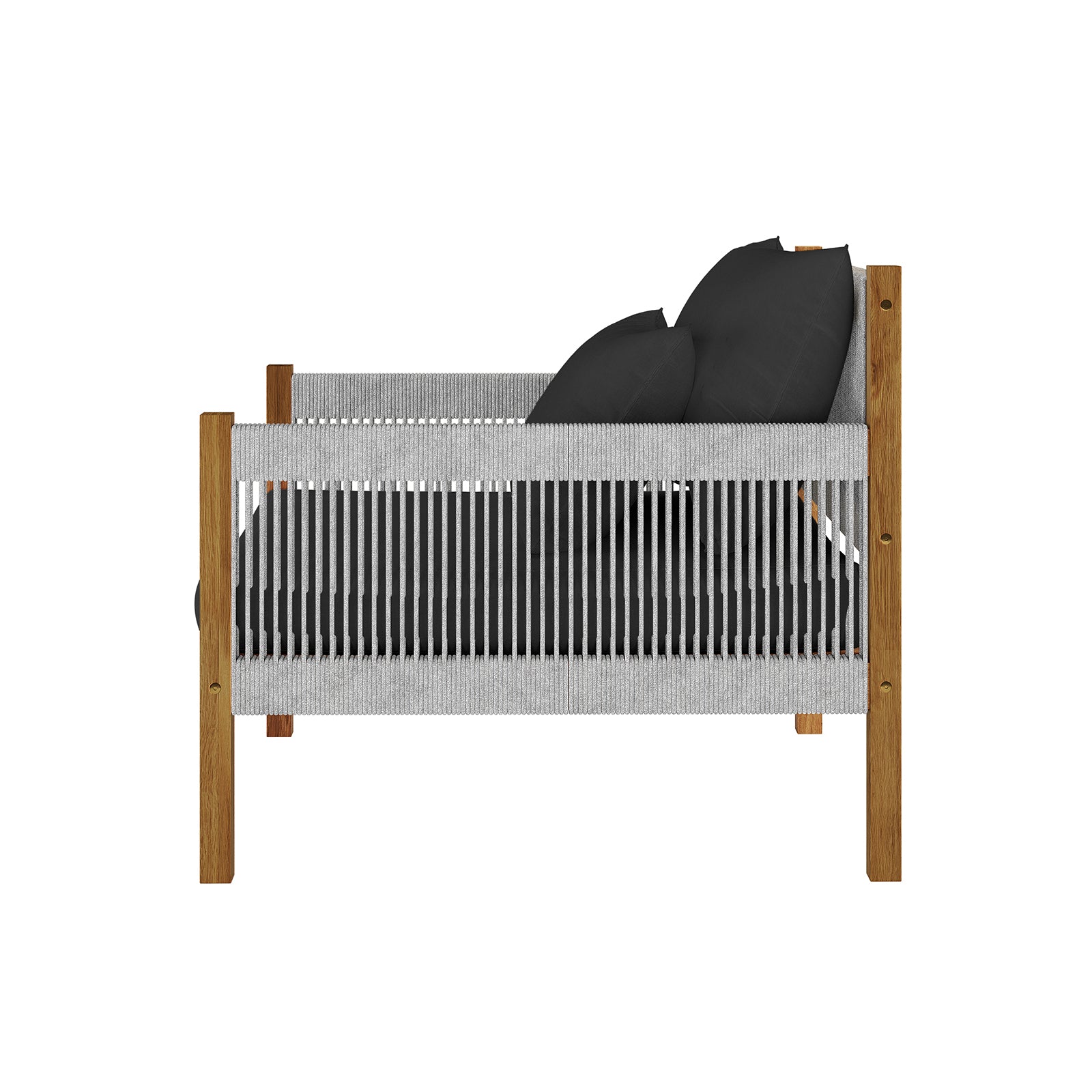 Savin 4 Seater Hardwood Outdoor Sofa Set in Light Grey, featuring a side view with a light-stained wood frame, woven rope sides, and plush black cushions, showcasing modern design and outdoor elegance.