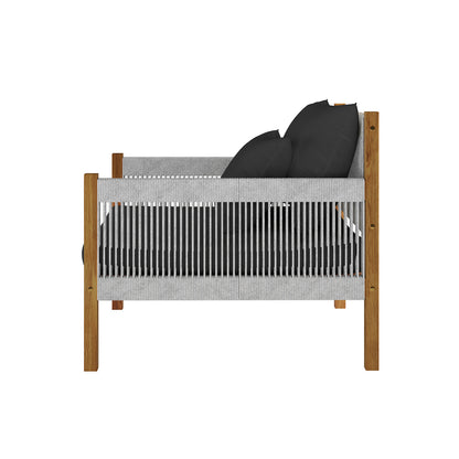 Savin 4 Seater Hardwood Outdoor Sofa Set in Light Grey, featuring a side view with a light-stained wood frame, woven rope sides, and plush black cushions, showcasing modern design and outdoor elegance.