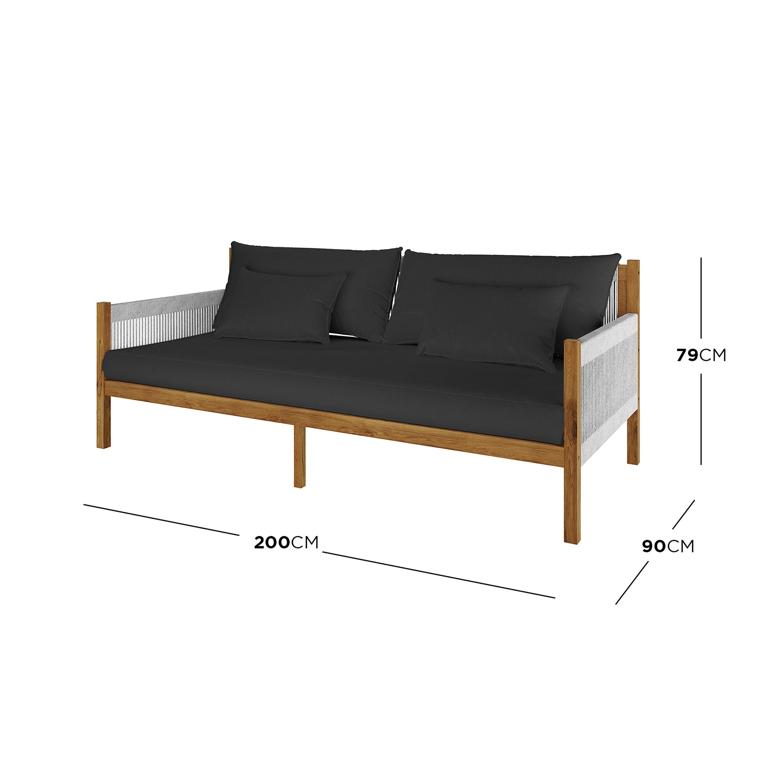 Savin 4-Seater Hardwood Outdoor Sofa Set in Light Grey features a wooden frame with woven panels, dark cushions, and back pillows, measuring 200 cm long, 90 cm deep, and 79 cm high.
