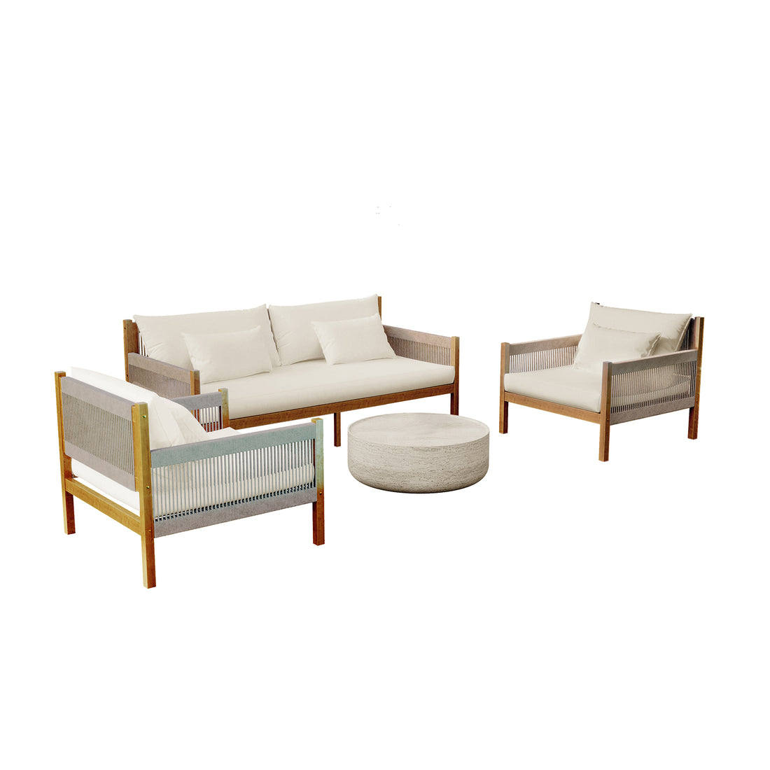 Savin & Myrtle Outdoor Sofa Set with Coffee Table in Beige features a three-seater sofa, two armchairs with woven rope sides, and a round stone-finish coffee table, perfect for outdoor relaxation.