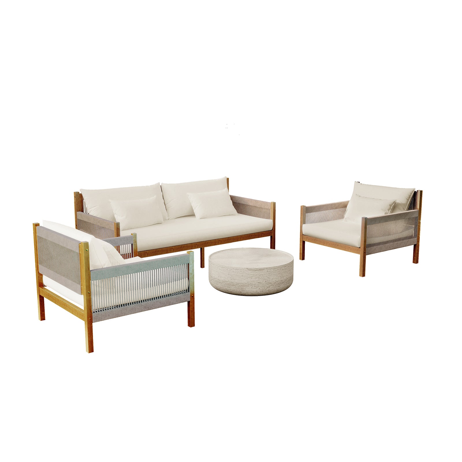 Savin & Myrtle Outdoor Sofa Set with Coffee Table in Beige features a three-seater sofa, two armchairs with woven rope sides, and a round stone-finish coffee table, perfect for outdoor relaxation.