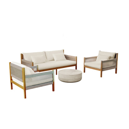 Savin & Myrtle Outdoor Sofa Set with Coffee Table in Beige features a three-seater sofa, two armchairs with woven rope sides, and a round stone-finish coffee table, perfect for outdoor relaxation.