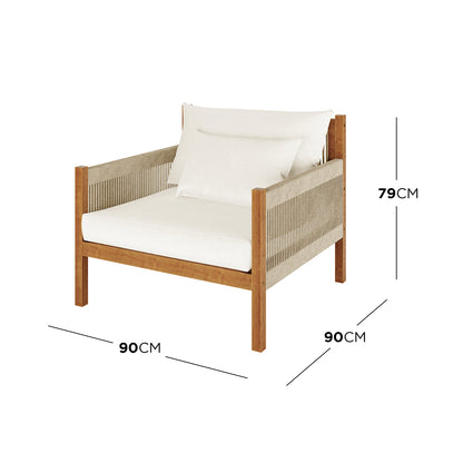 Savin & Myrtle Outdoor Sofa Set with Coffee Table in Beige featuring a modern lounge chair with wooden frame, rope panels, and plush cushions, paired with a sleek concrete coffee table.