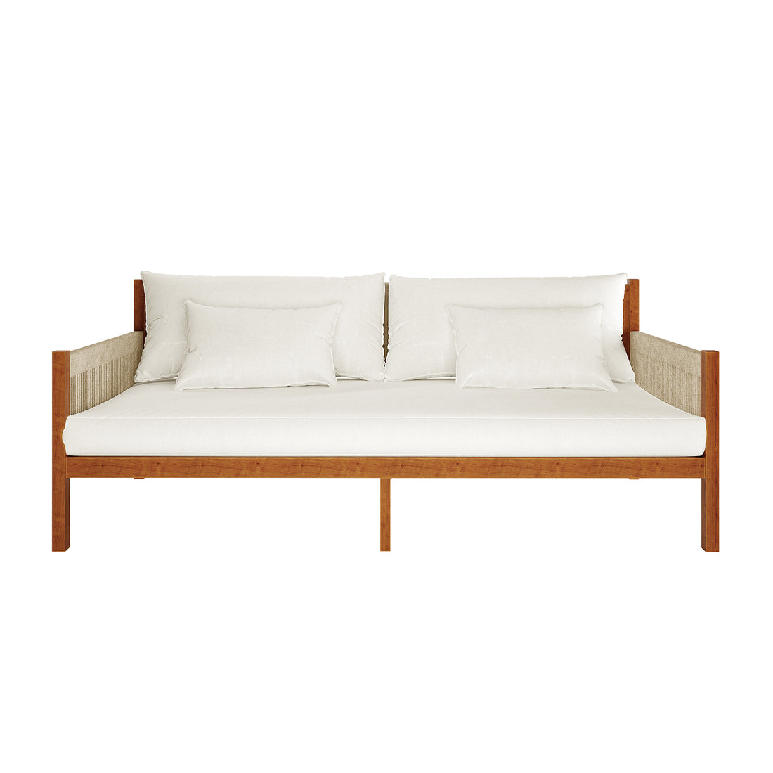 Savin & Myrtle Outdoor Sofa Set with Coffee Table in Beige features a modern daybed-style sofa with a warm wood frame, white cushions, and woven panel arms, paired with a sleek coffee table.