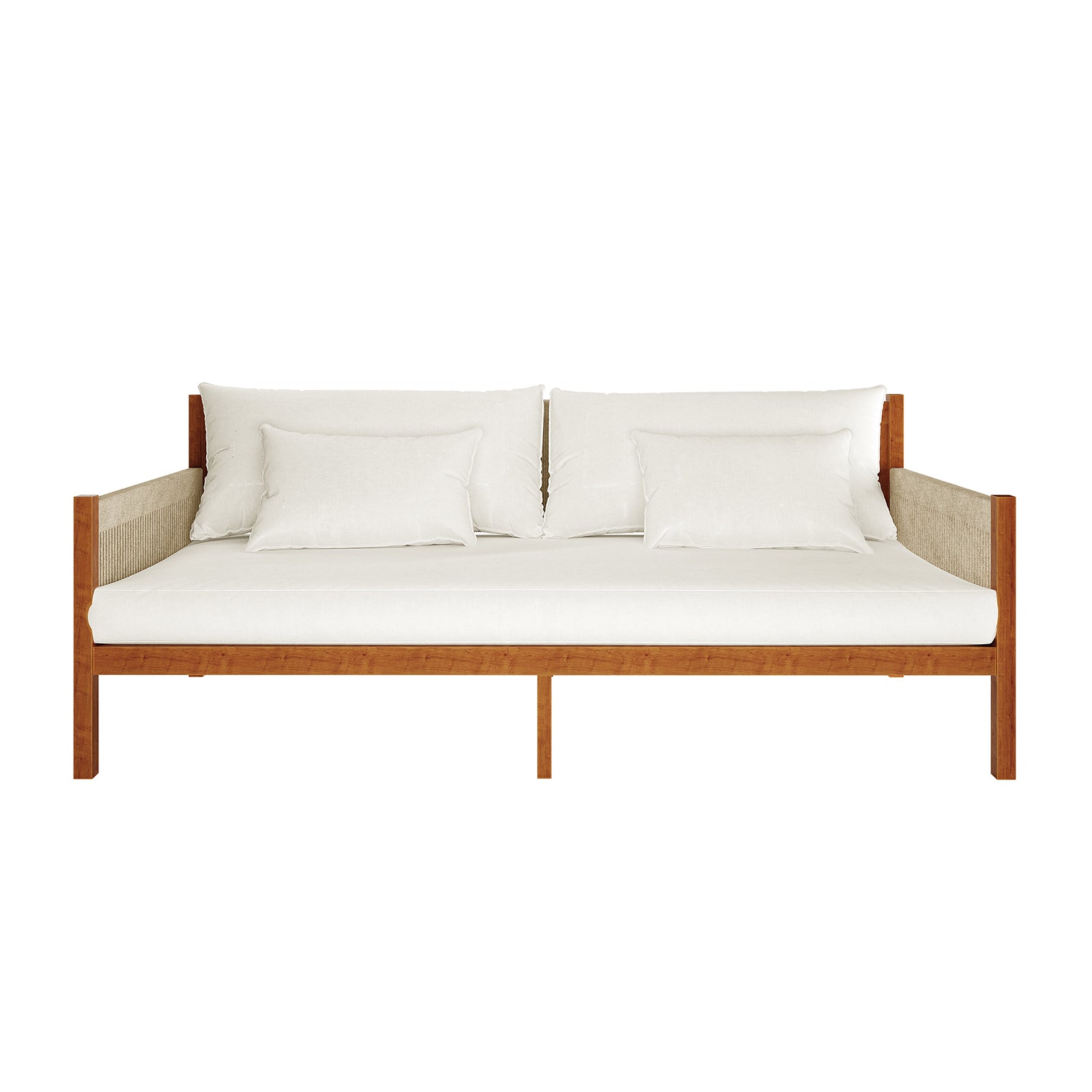 Savin & Myrtle Outdoor Sofa Set with Coffee Table in Beige features a modern daybed-style sofa with a warm wood frame, white cushions, and woven panel arms, paired with a sleek coffee table.