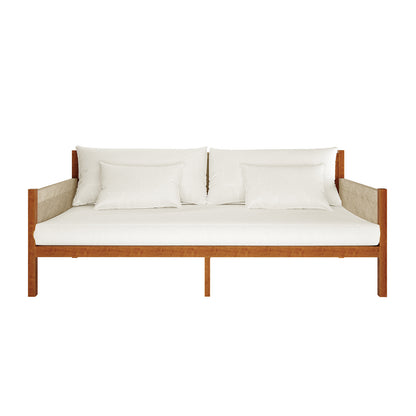 Savin & Myrtle Outdoor Sofa Set with Coffee Table in Beige features a modern daybed-style sofa with a warm wood frame, white cushions, and woven panel arms, paired with a sleek coffee table.