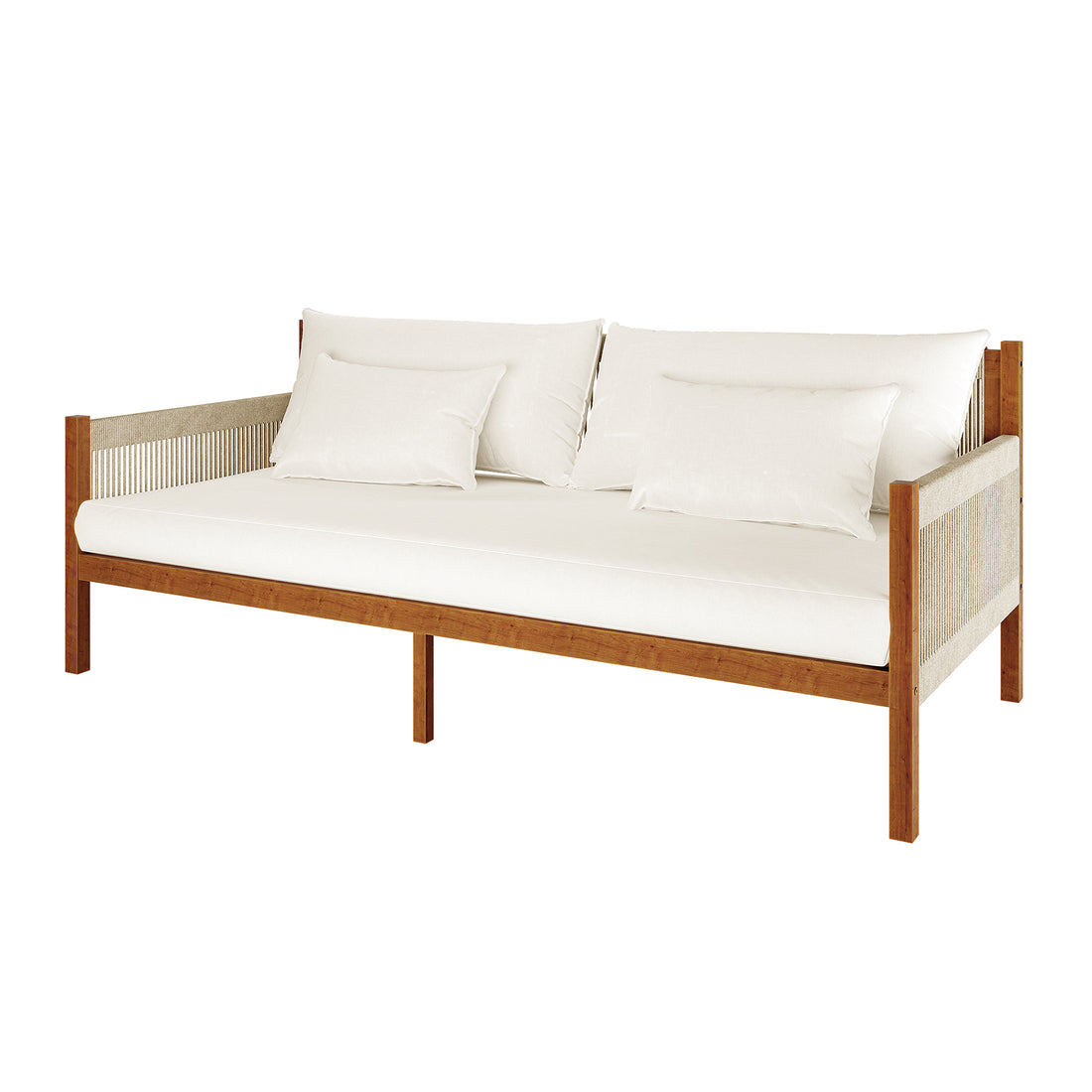 Savin & Myrtle Outdoor Sofa Set with Coffee Table in Beige features a minimalist wooden sofa with light-beige woven panels, white cushions, and a modern concrete coffee table, creating a stylish outdoor setting.