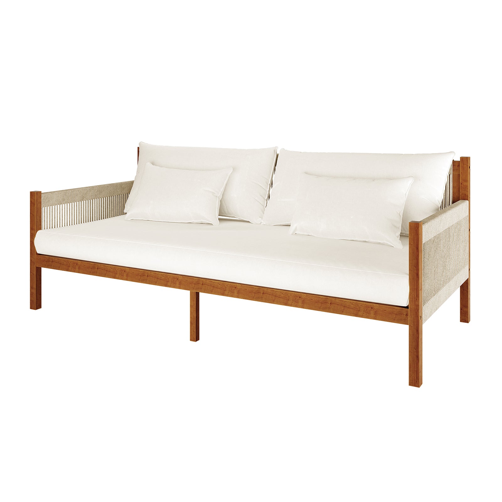 Savin & Myrtle Outdoor Sofa Set with Coffee Table in Beige features a minimalist wooden sofa with light-beige woven panels, white cushions, and a modern concrete coffee table, creating a stylish outdoor setting.