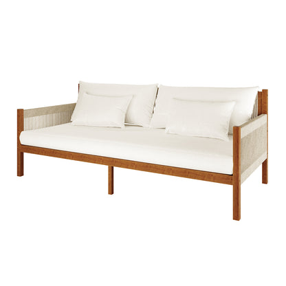 Savin & Myrtle Outdoor Sofa Set with Coffee Table in Beige features a minimalist wooden sofa with light-beige woven panels, white cushions, and a modern concrete coffee table, creating a stylish outdoor setting.