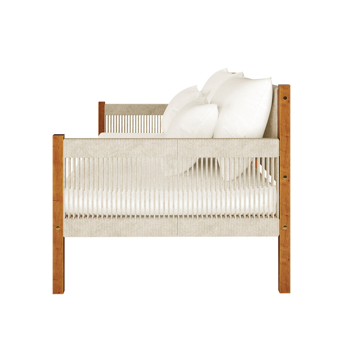 Savin & Myrtle Outdoor Sofa Set with Coffee Table in Beige, featuring a wooden-framed daybed with woven rope panels, white bedding, and cushions, against a plain white background.