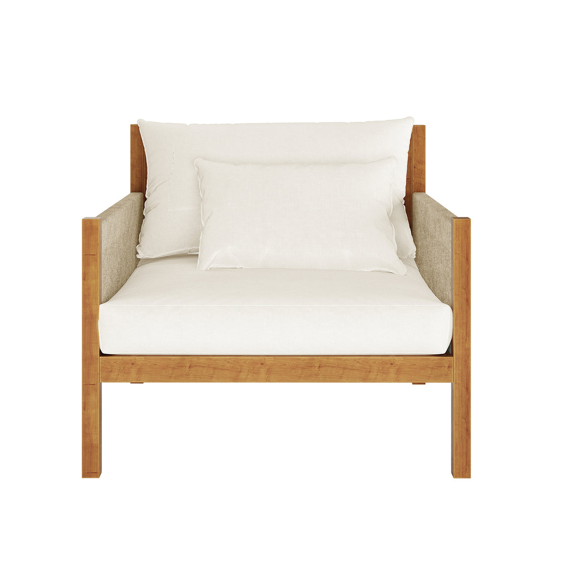 Savin & Myrtle Outdoor Sofa Set with Coffee Table in Beige featuring a wooden frame armchair with off-white cushions, showcasing elegance and comfort for outdoor lounging.