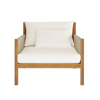 Savin & Myrtle Outdoor Sofa Set with Coffee Table in Beige featuring a wooden frame armchair with off-white cushions, showcasing elegance and comfort for outdoor lounging.