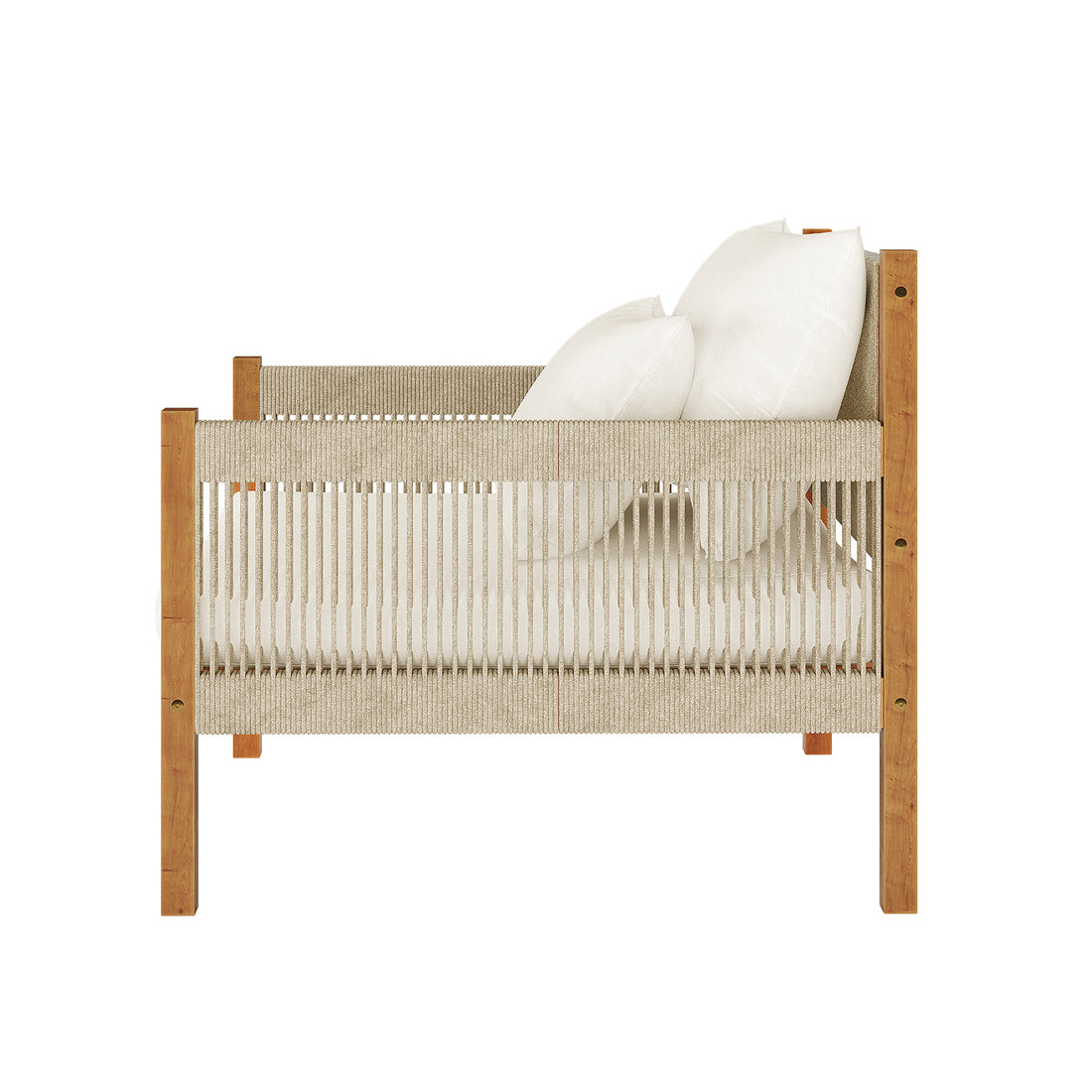 Savin & Myrtle Outdoor Sofa Set with Coffee Table in Beige features a rustic daybed design with a wooden frame, woven rope panels, and a light mattress topped with white pillows.