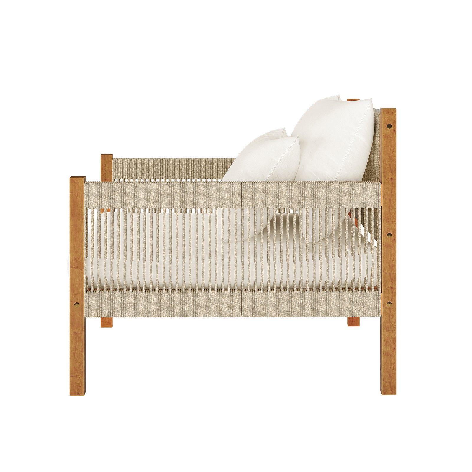 Savin & Myrtle Outdoor Sofa Set with Coffee Table in Beige features a rustic daybed design with a wooden frame, woven rope panels, and a light mattress topped with white pillows.