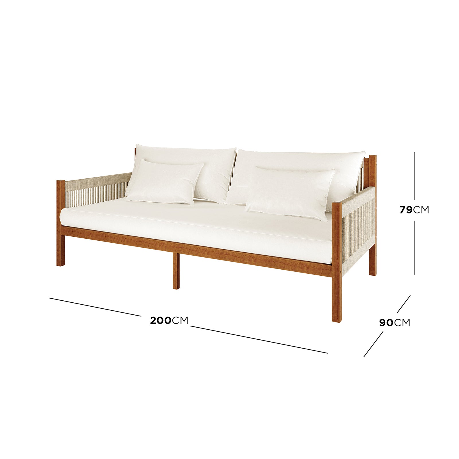 Savin & Myrtle Outdoor Sofa Set with Coffee Table in Beige, featuring a wooden-framed daybed with off-white cushions, complemented by a sleek concrete table, perfect for outdoor lounging.
