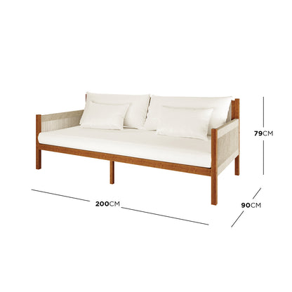 Savin & Myrtle Outdoor Sofa Set with Coffee Table in Beige, featuring a wooden-framed daybed with off-white cushions, complemented by a sleek concrete table, perfect for outdoor lounging.