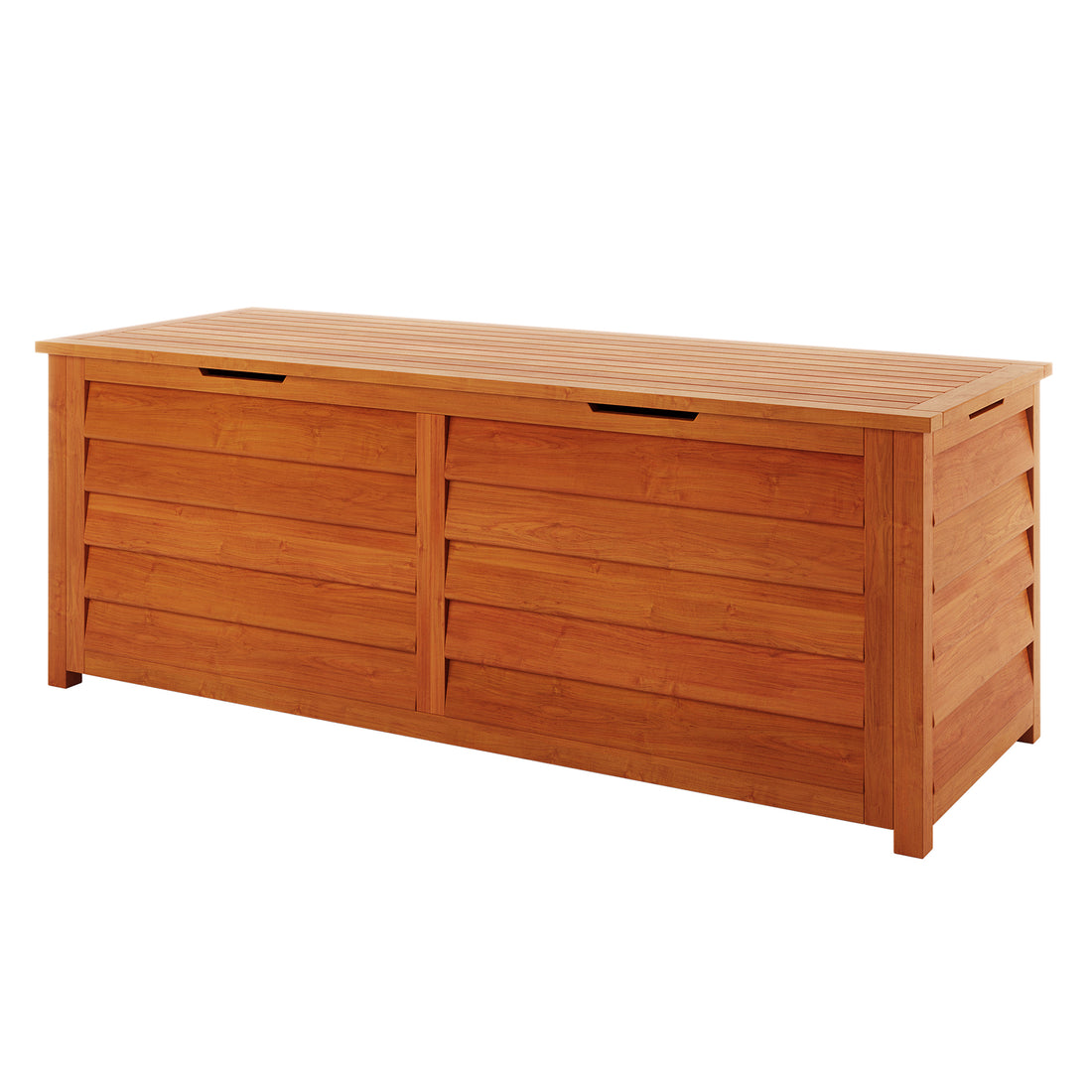 Luxo Eucalyptus Timber Outdoor Storage Box 150cm featuring a sturdy, rectangular wooden design with air vents on all sides, ideal for storing outdoor items on a patio or deck.