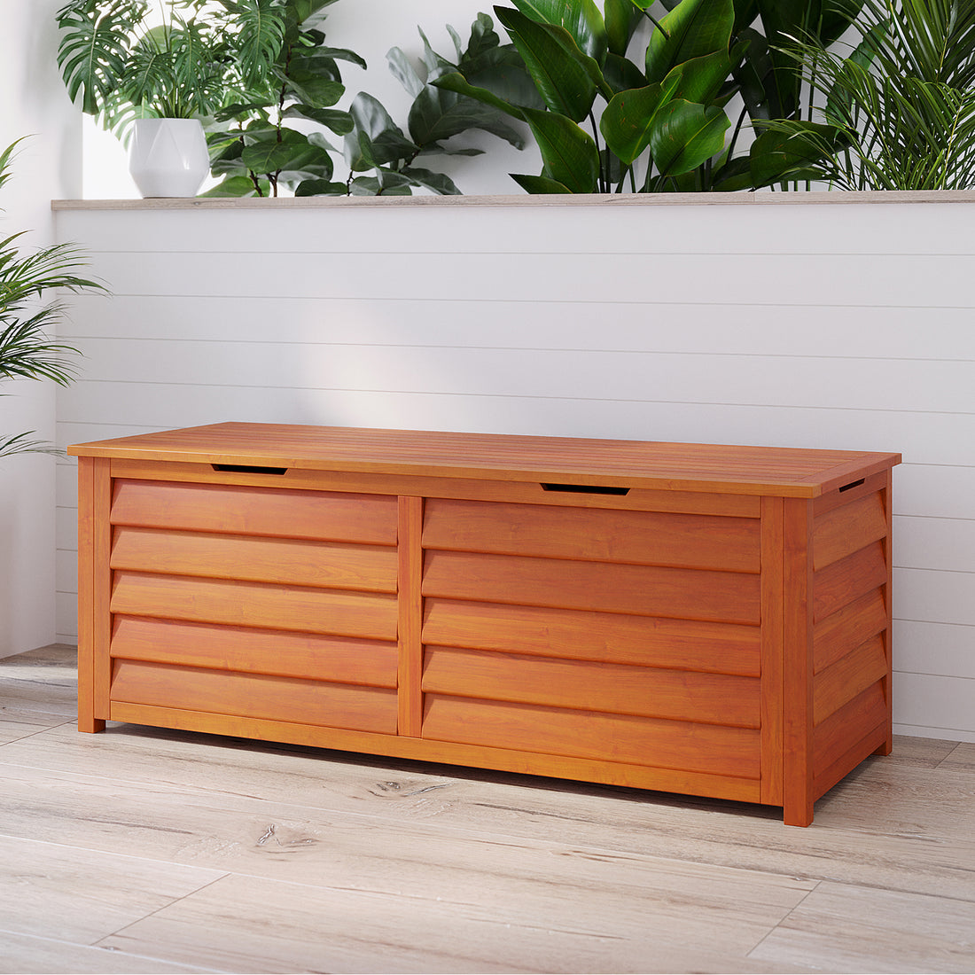 Close-up of the Luxo Eucalyptus Timber Outdoor Storage Box, showcasing its wooden craftsmanship and air vent design, ideal for stylish, eco-friendly outdoor storage and decor display.
