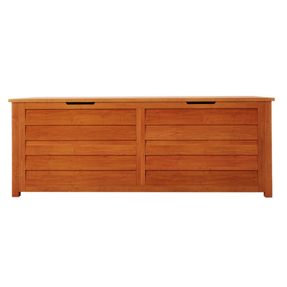 Luxo Eucalyptus Timber Outdoor Storage Box 150cm, featuring a wooden chest of drawers design with visible wood panels and cabinetry details, perfect for stylish, functional outdoor storage.