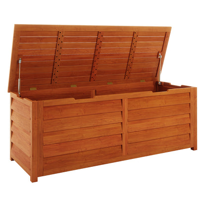 Luxo Eucalyptus Timber Outdoor Storage Box 150cm, featuring a sturdy wooden design with air vents, open lid, and spacious interior for storing patio essentials, crafted from FSC-certified Eucalyptus timber.