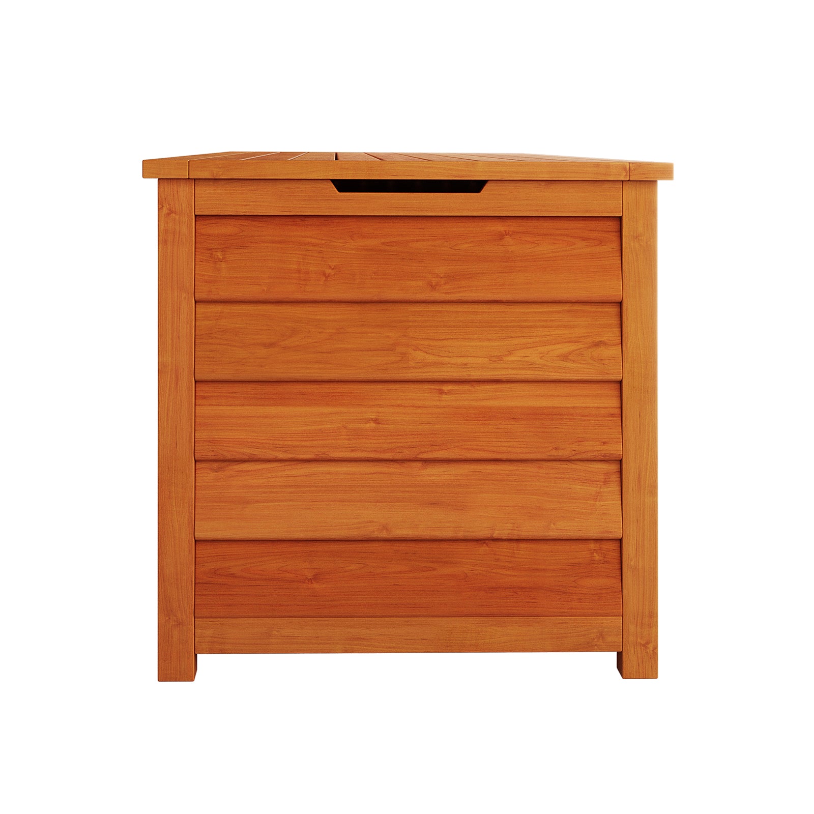 Close-up of the Luxo Eucalyptus Timber Outdoor Storage Box, highlighting the fine wood craftsmanship and air vents that enhance functionality and style, suitable for outdoor storage.