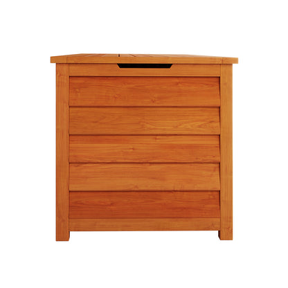 Close-up of the Luxo Eucalyptus Timber Outdoor Storage Box, highlighting the fine wood craftsmanship and air vents that enhance functionality and style, suitable for outdoor storage.