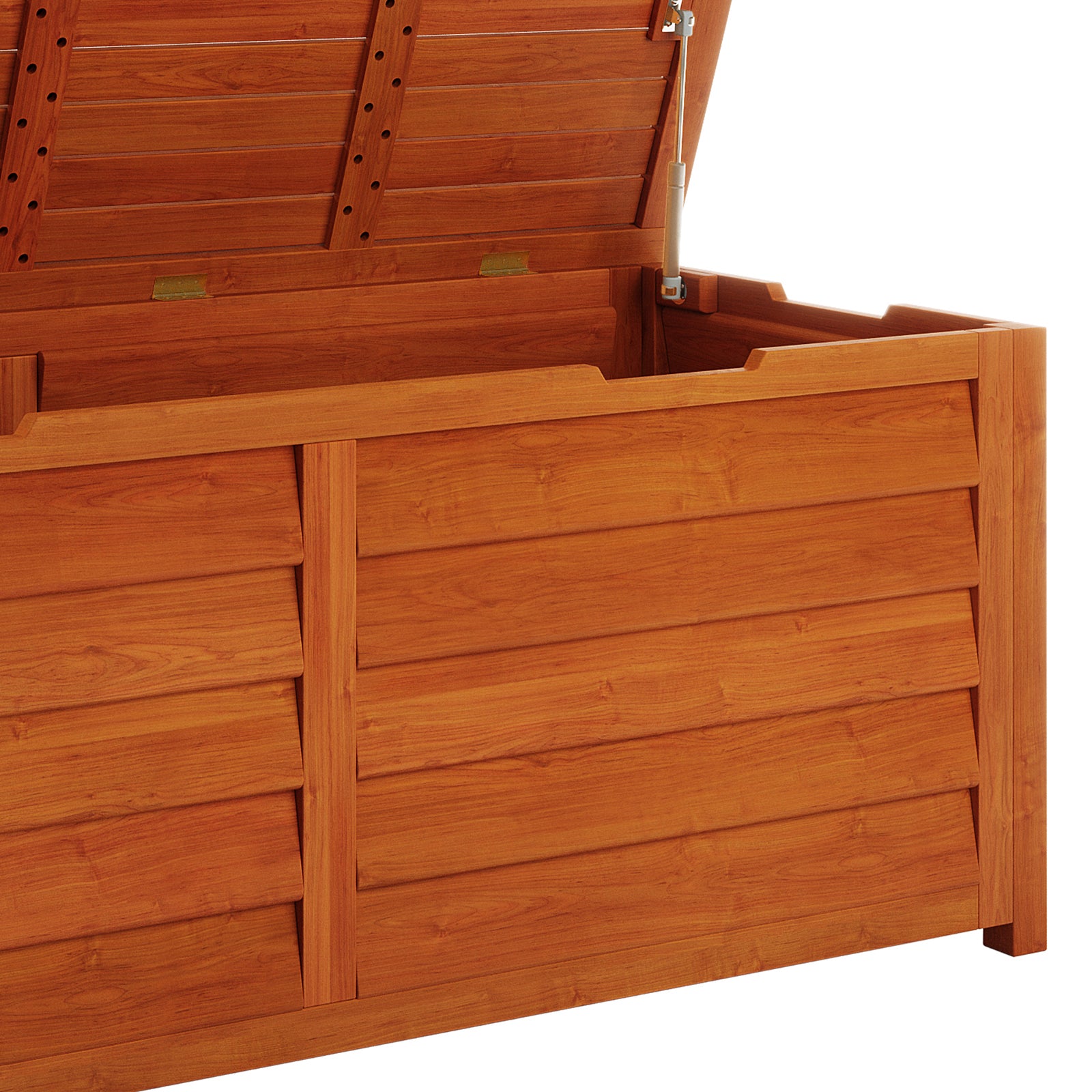 Luxo Eucalyptus Timber Outdoor Storage Box 150cm, showcasing a close-up of the high-quality eucalyptus wood panel, highlighting its smooth, natural texture and sturdy construction for elegant outdoor organization.