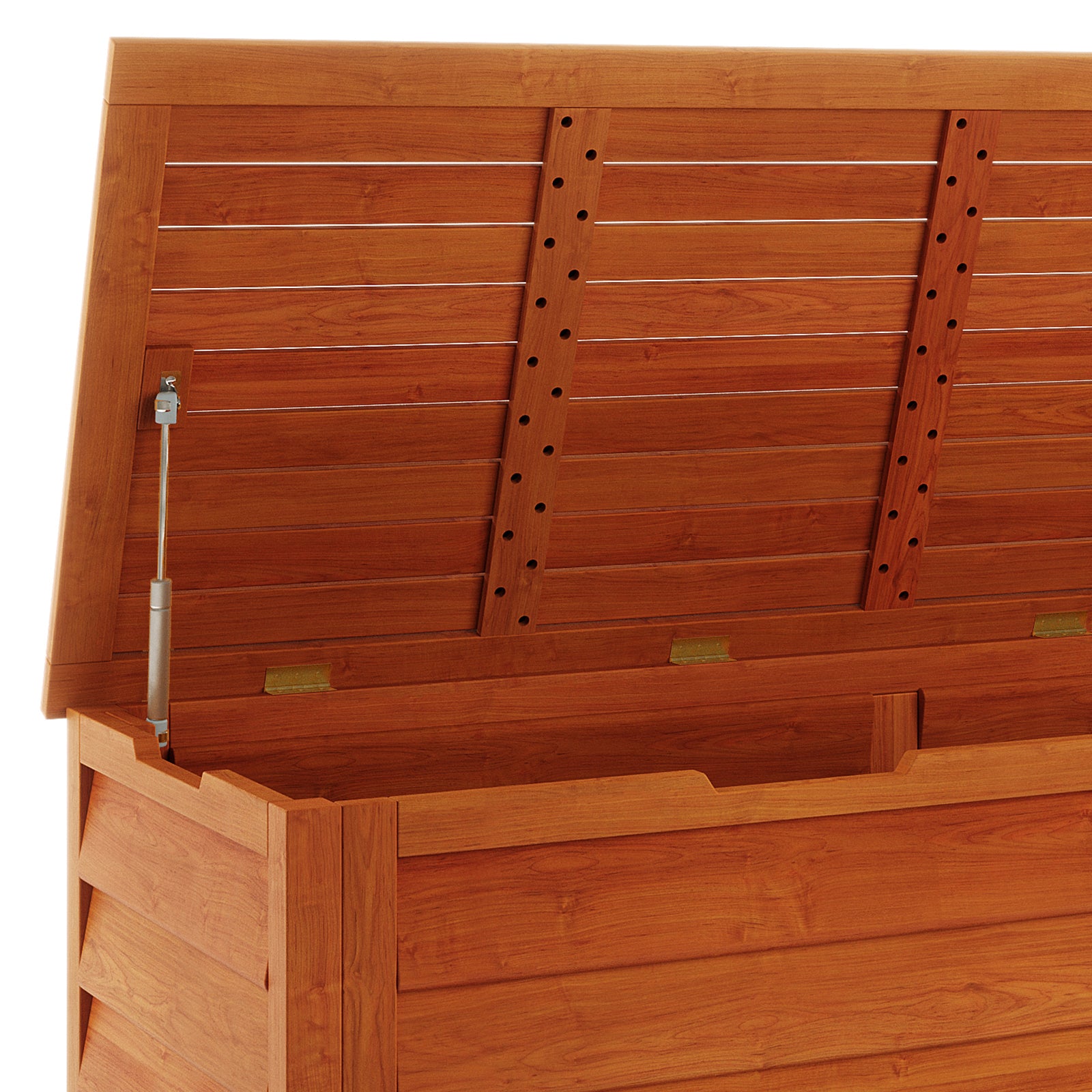 Luxo Eucalyptus Timber Outdoor Storage Box 150cm, showcasing a close-up of its wooden panels and air vents, highlighting the high-quality, FSC-certified Eucalyptus timber construction for stylish and functional outdoor storage.