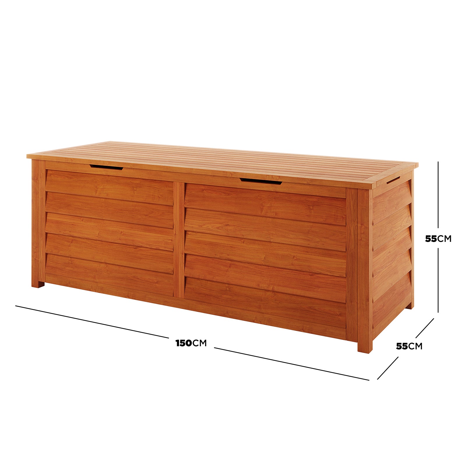 Luxo Eucalyptus Timber Outdoor Storage Box 150cm showing a close-up of its wooden chest design with a lid, highlighting the quality eucalyptus timber and air vent features for stylish, functional outdoor storage.