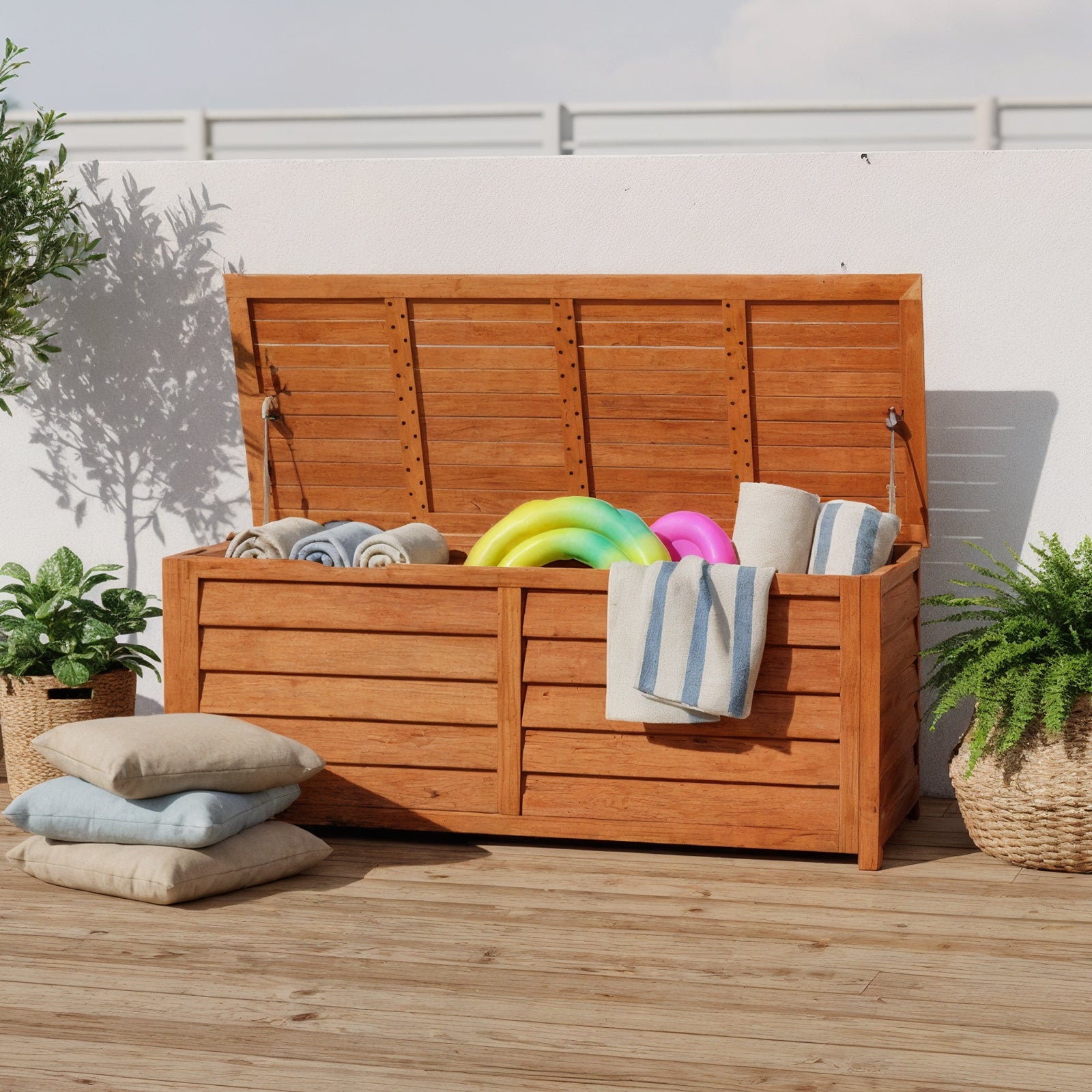 Luxo 150cm Eucalyptus Wood Outdoor Storage Box in Natural with open lid, showing towels and inflatable rings inside. Surrounded by potted plants and outdoor cushions, set on a wood-plank deck.