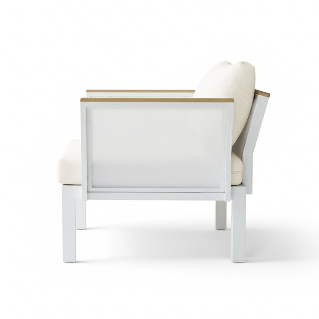 Sierra 5-Seater Outdoor Lounge Set in Beige features a white metal frame, light wood arm trim, and plush off-white cushions, embodying a modern, resort-style aesthetic perfect for relaxing outdoor spaces.