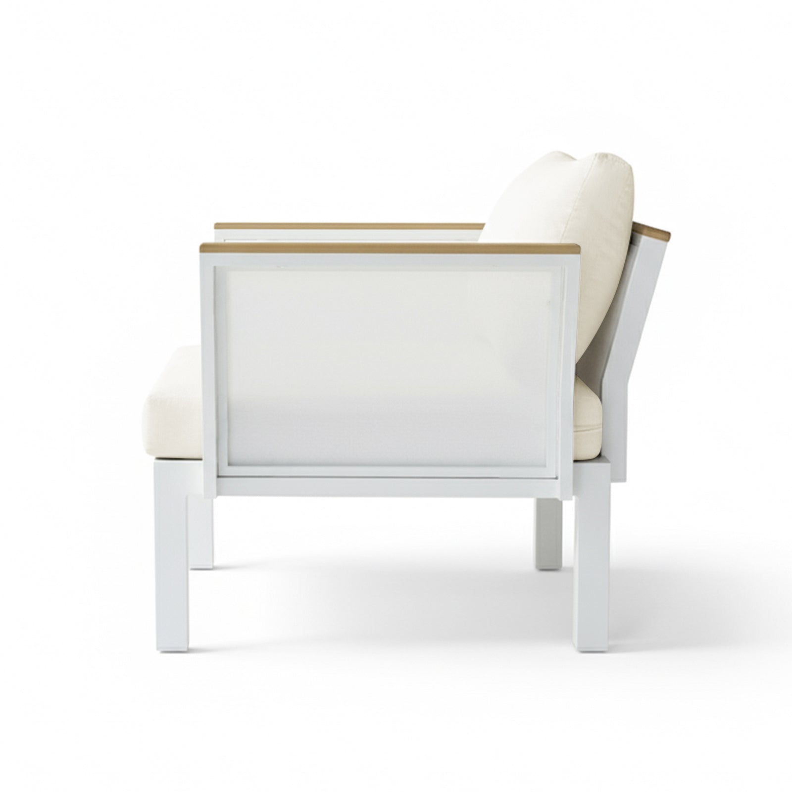 Sierra 5-Seater Outdoor Lounge Set in Beige features a white metal frame, light wood arm trim, and plush off-white cushions, embodying a modern, resort-style aesthetic perfect for relaxing outdoor spaces.