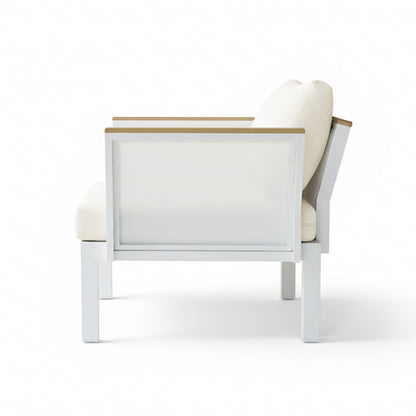 Sierra 5-Seater Outdoor Lounge Set in Beige features a white metal frame, light wood arm trim, and plush off-white cushions, embodying a modern, resort-style aesthetic perfect for relaxing outdoor spaces.