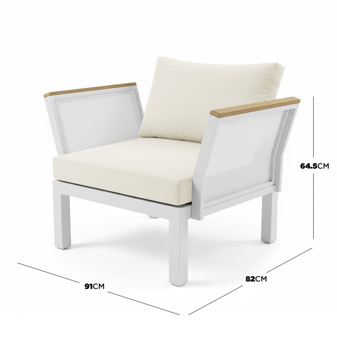 Sierra 5-Seater Outdoor Lounge Set in Beige features a white powder-coated metal frame, teak-look armrests, and plush cushions, designed for comfort and style in any outdoor setting.