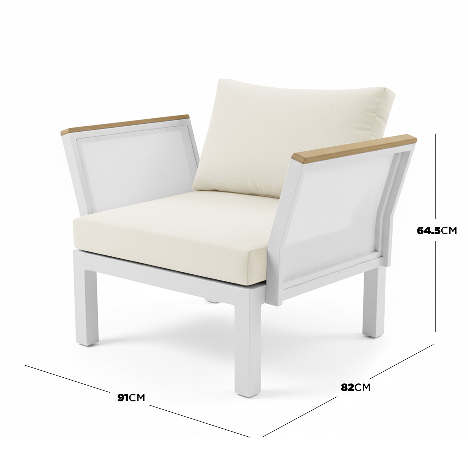 Sierra 5-Seater Outdoor Lounge Set in Beige features a white powder-coated metal frame, teak-look armrests, and plush cushions, designed for comfort and style in any outdoor setting.