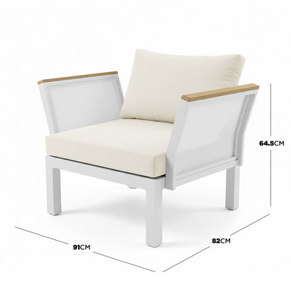 Sierra 5-Seater Outdoor Lounge Set in Beige features a white powder-coated metal frame, teak-look armrests, and plush cushions, designed for comfort and style in any outdoor setting.