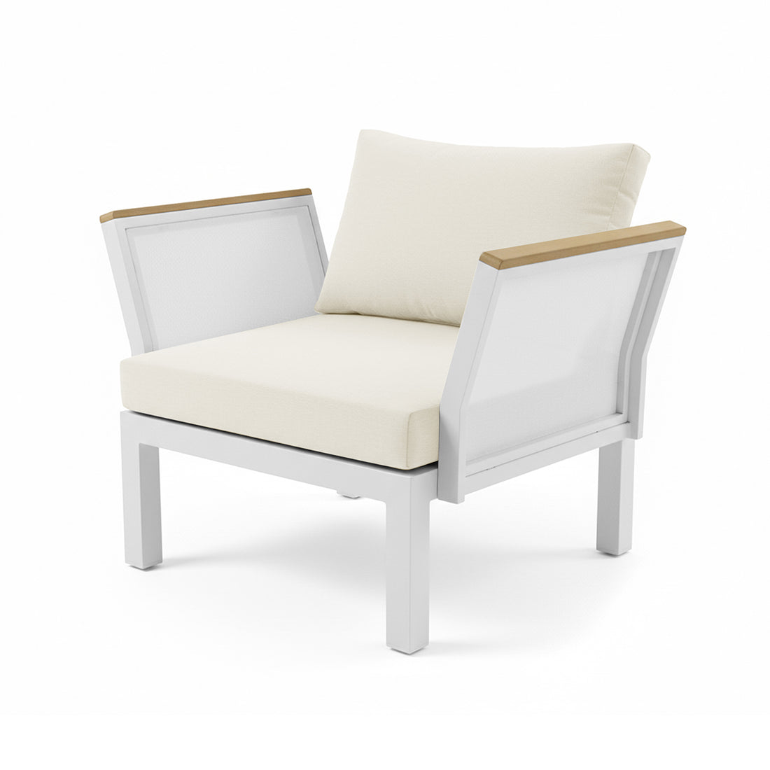 Sierra 5-Seater Outdoor Lounge Set in Beige features a minimalist armchair with a white metal frame, light wood trim armrests, and plush off-white cushions, perfect for resort-style outdoor comfort.
