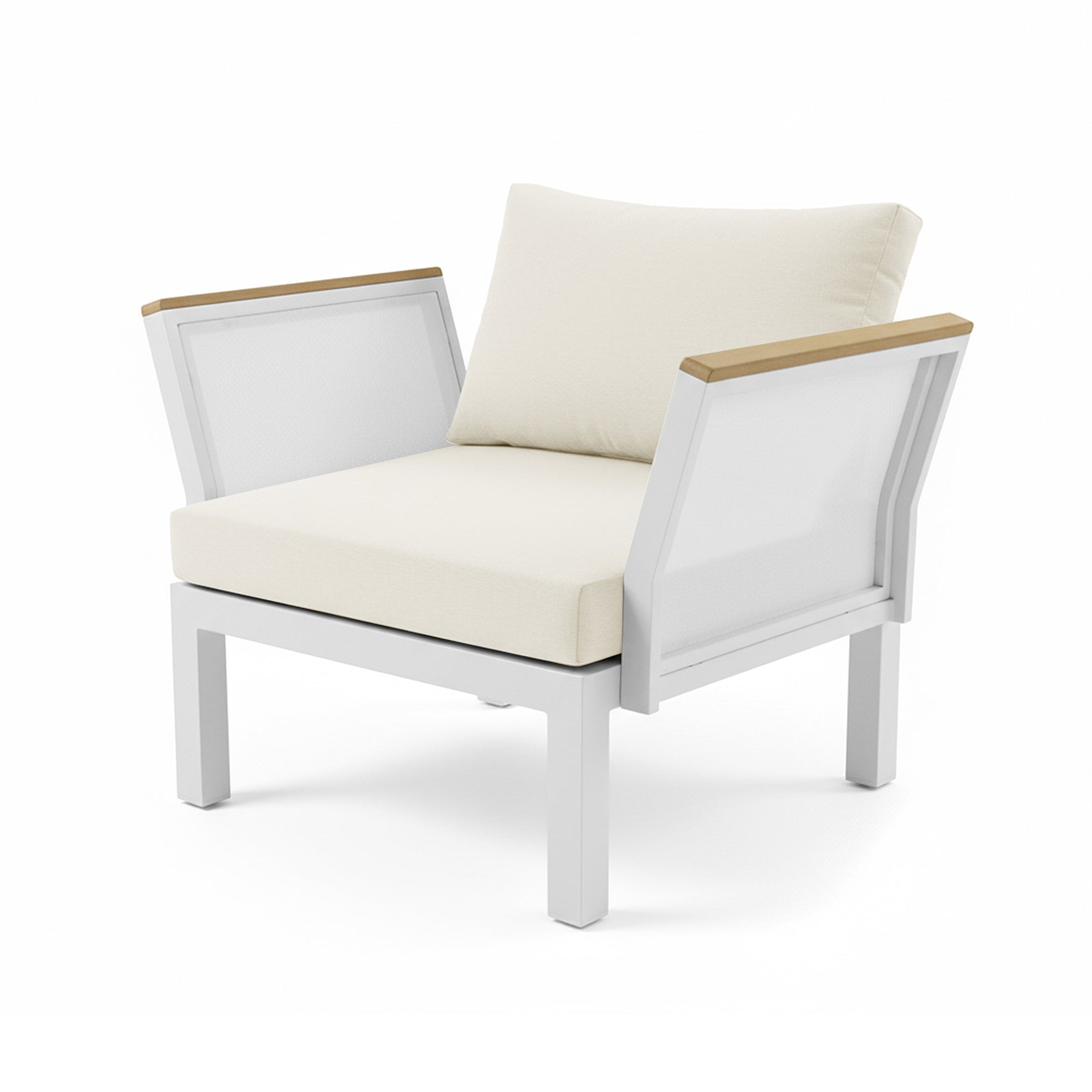 Sierra 5-Seater Outdoor Lounge Set in Beige features a minimalist armchair with a white metal frame, light wood trim armrests, and plush off-white cushions, perfect for resort-style outdoor comfort.