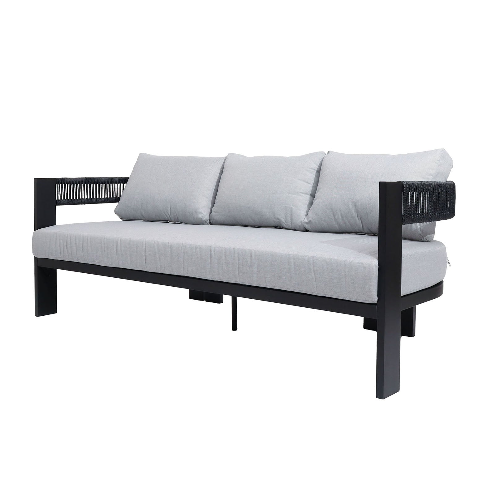 Sorrelle 5 Seater Wicker Outdoor Sofa Set in Black featuring a black metal frame, rope-wrapped armrests, and light gray loose-fill cushions, designed for stylish and durable outdoor seating.