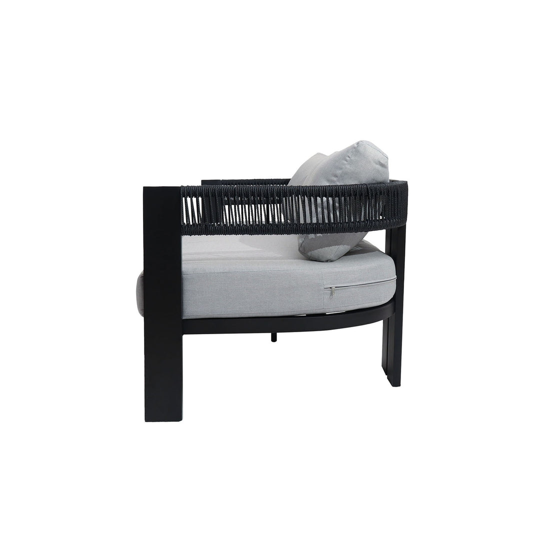 Sorrelle 5 Seater Wicker Outdoor Sofa Set in Black features a single modular section with a black frame and woven rope sides, upholstered in light-gray cushions, ideal for indoor or covered outdoor use.