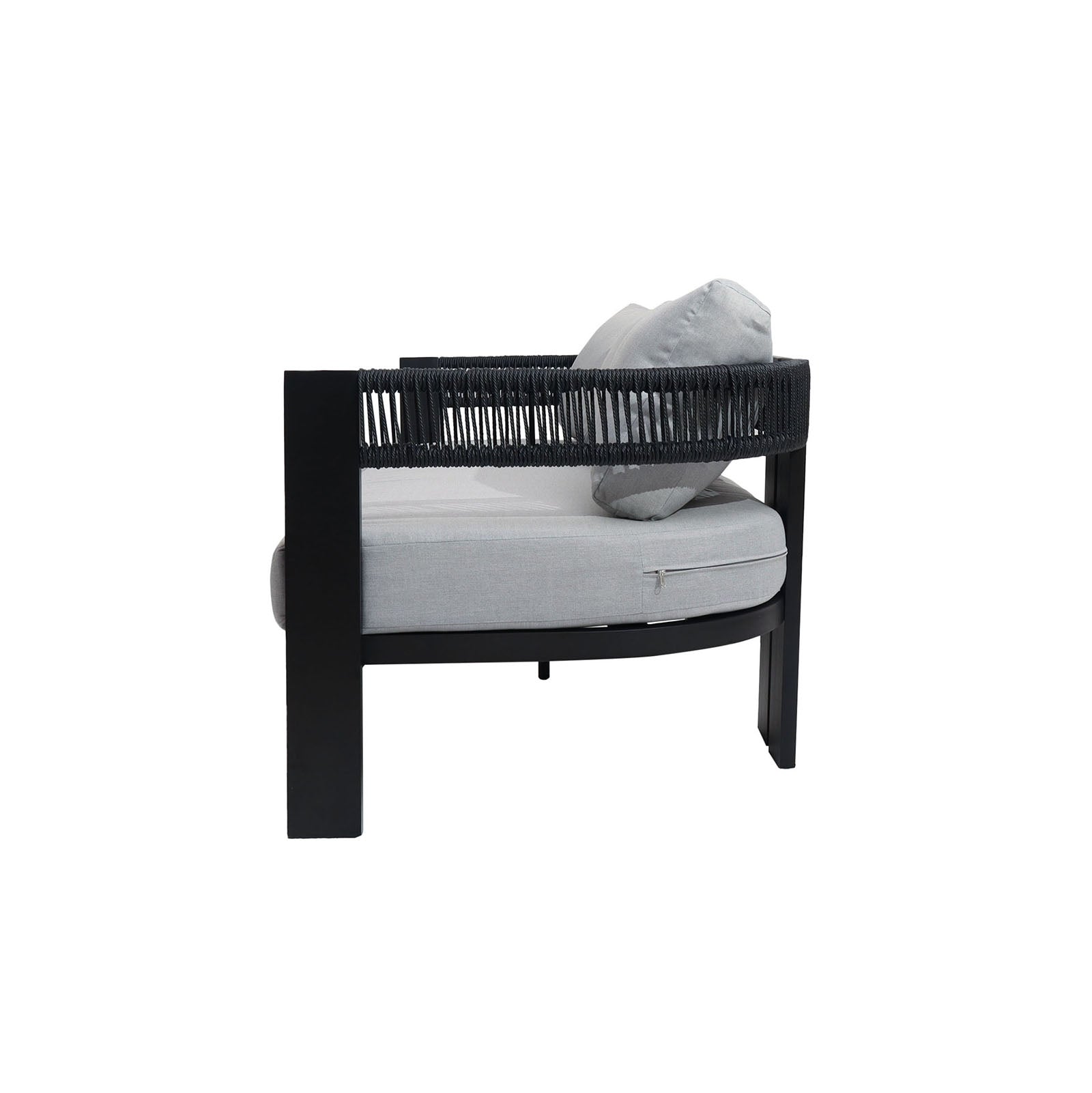 Sorrelle 5 Seater Wicker Outdoor Sofa Set in Black features a single modular section with a black frame and woven rope sides, upholstered in light-gray cushions, ideal for indoor or covered outdoor use.