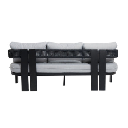 Sorrelle 5 Seater Wicker Outdoor Sofa Set in Black, featuring a slim black metal frame, woven rope backrest, and light gray upholstered cushions, displayed on a clean studio background.