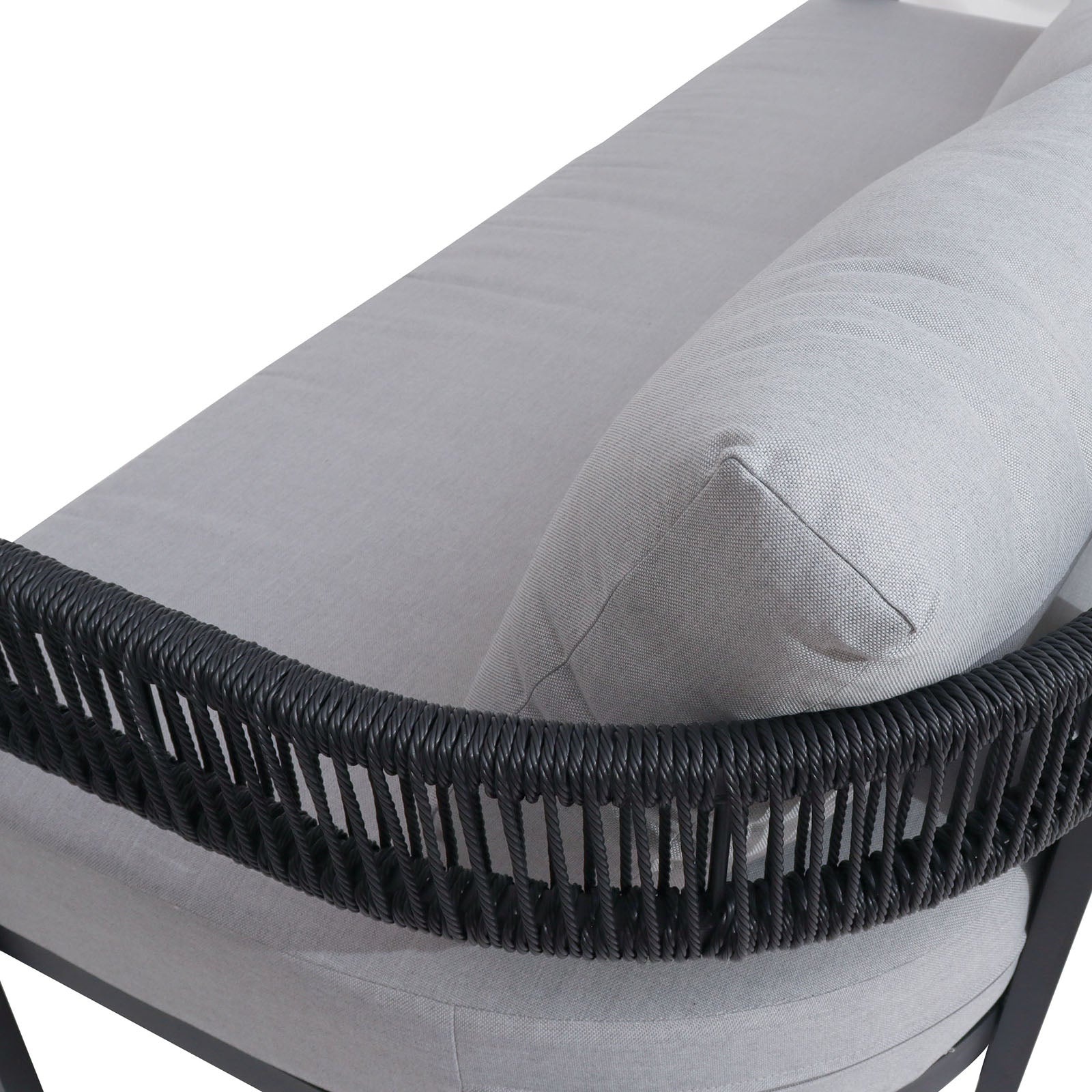 Close-up of Sorrelle 5 Seater Wicker Outdoor Sofa Set in Black, featuring a light gray cushion on a black metal frame with braided rope detail, highlighting its modern design and sturdy build.