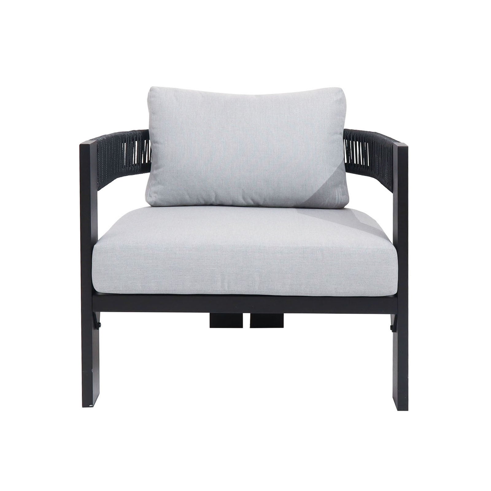 Modern single-seat lounge chair with black metal frame, light-gray cushions, and black rope-wrapped armrests, part of the Sorrelle 5 Seater Wicker Outdoor Sofa Set in Black.