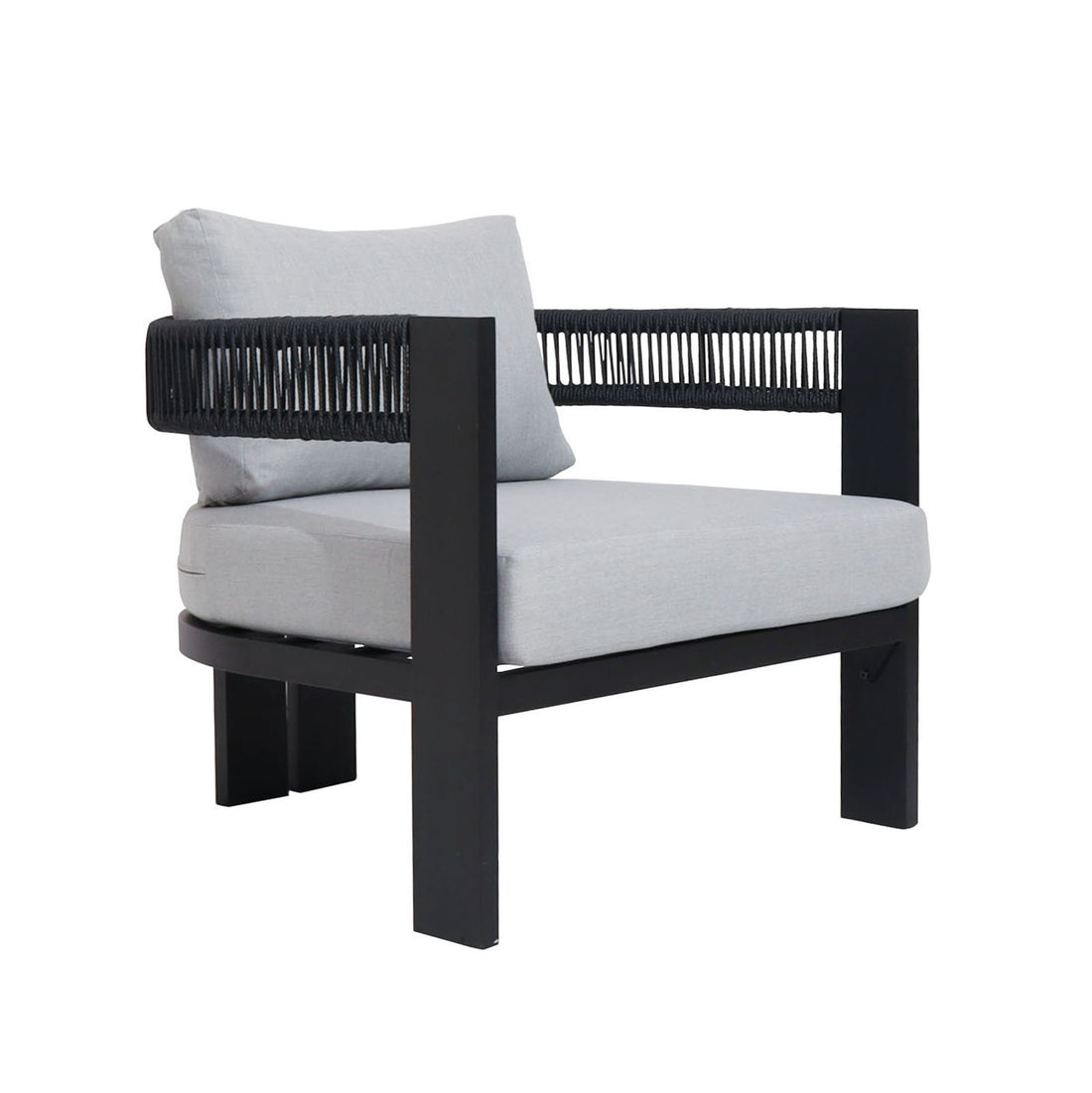 Sorrelle 5 Seater Wicker Outdoor Sofa Set in Black features a sleek black metal frame, woven rope arms, and light-grey cushions, perfect for modern patios or decks.