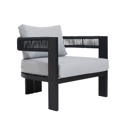 Sorrelle 5 Seater Wicker Outdoor Sofa Set in Black features a sleek black metal frame, woven rope arms, and light-grey cushions, perfect for modern patios or decks.