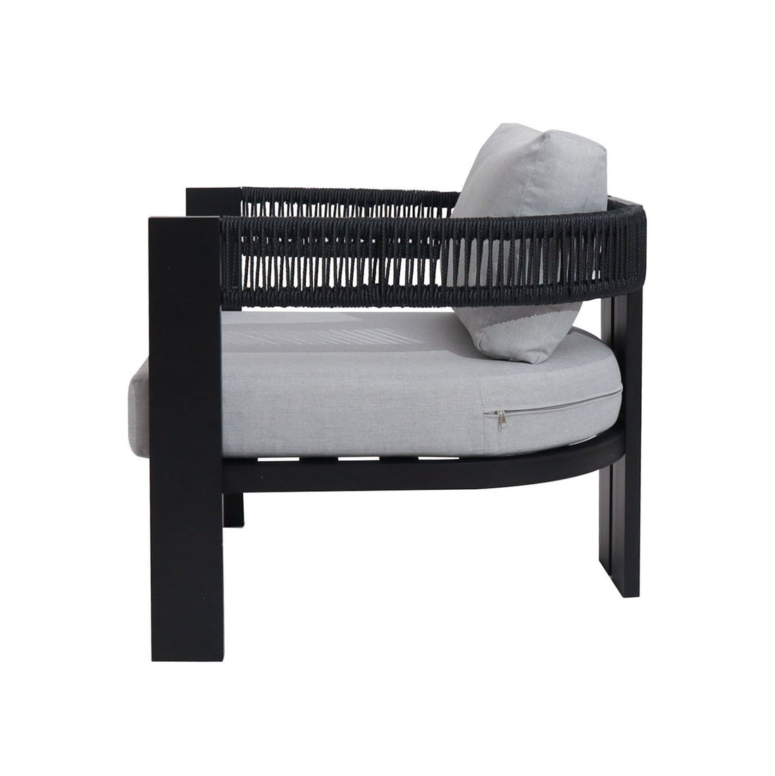 Sorrelle 5 Seater Wicker Outdoor Sofa Set in Black featuring a modern lounge chair with a black frame, tightly woven rope sides, light grey cushions, and a visible zipper, ideal for stylish outdoor comfort.