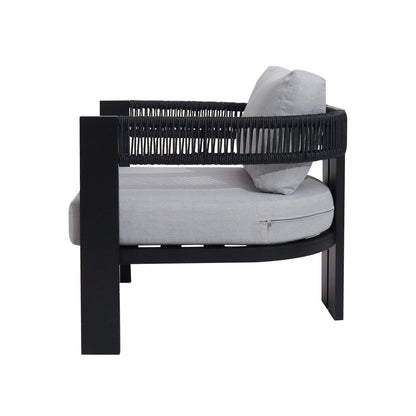 Sorrelle 5 Seater Wicker Outdoor Sofa Set in Black featuring a modern lounge chair with a black frame, tightly woven rope sides, light grey cushions, and a visible zipper, ideal for stylish outdoor comfort.