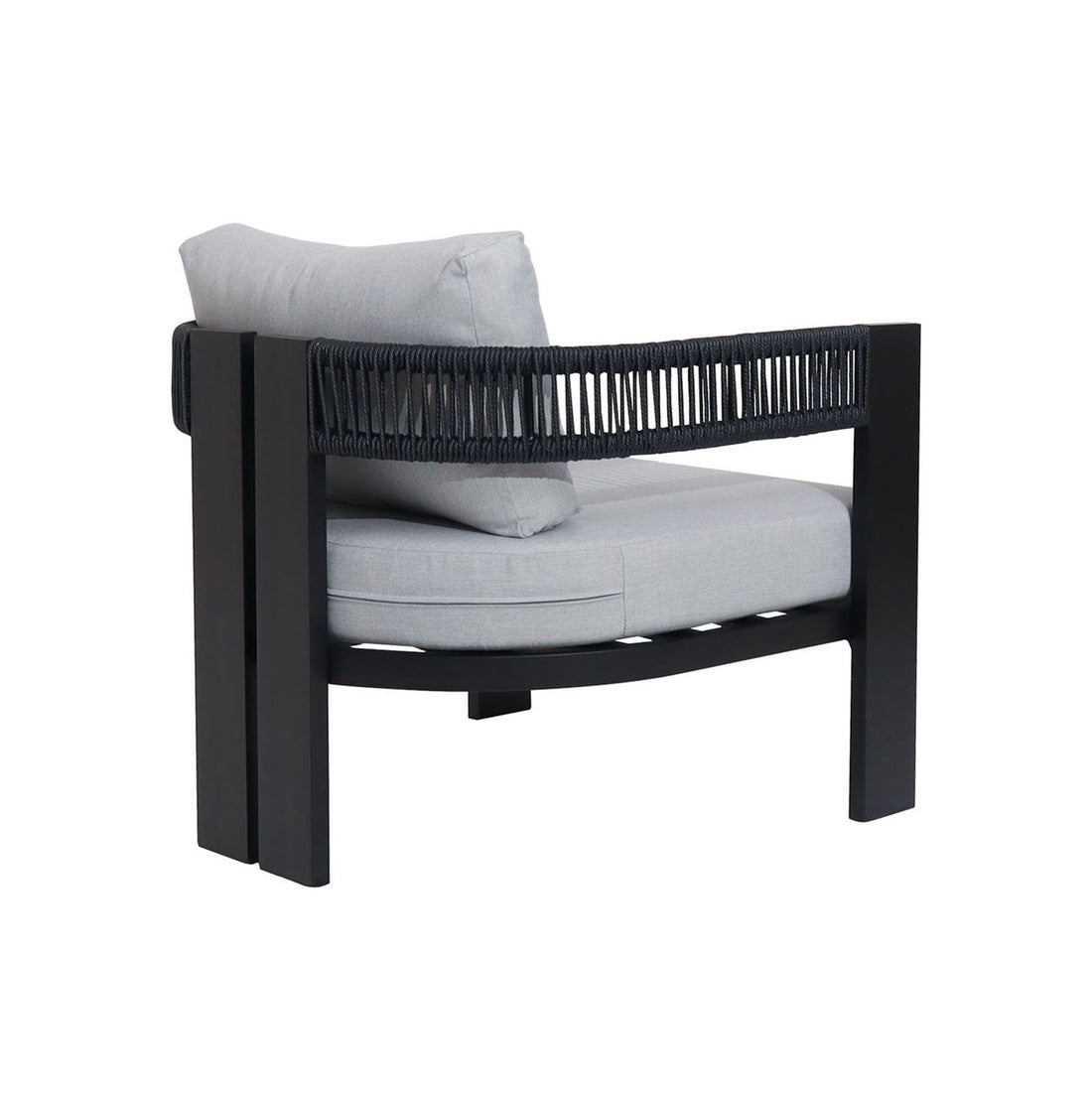 Modern armchair from the Sorrelle 5 Seater Wicker Outdoor Sofa Set in Black, featuring a black frame, light-gray cushions, and black rope detailing for a sleek indoor-outdoor look.