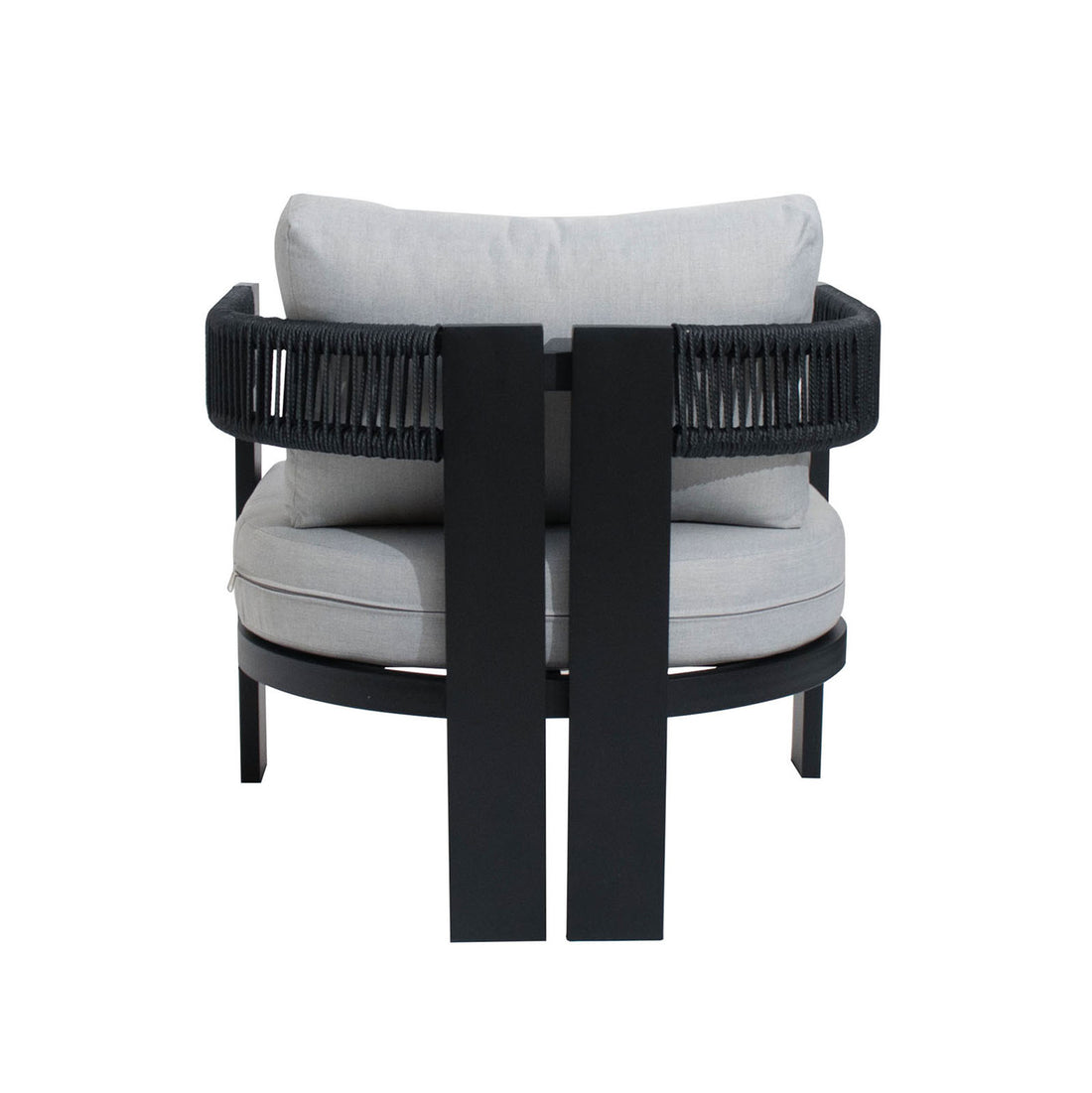 Modern lounge chair from Sorrelle 5 Seater Wicker Outdoor Sofa Set in Black, featuring a round seat, low back, black metal frame, woven rope detail, and thick light-gray cushions.